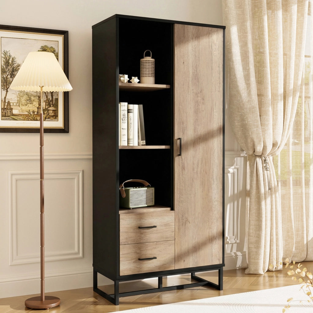 Credenza alta 80x40x180 cm con anta, cassetti e vani aperti