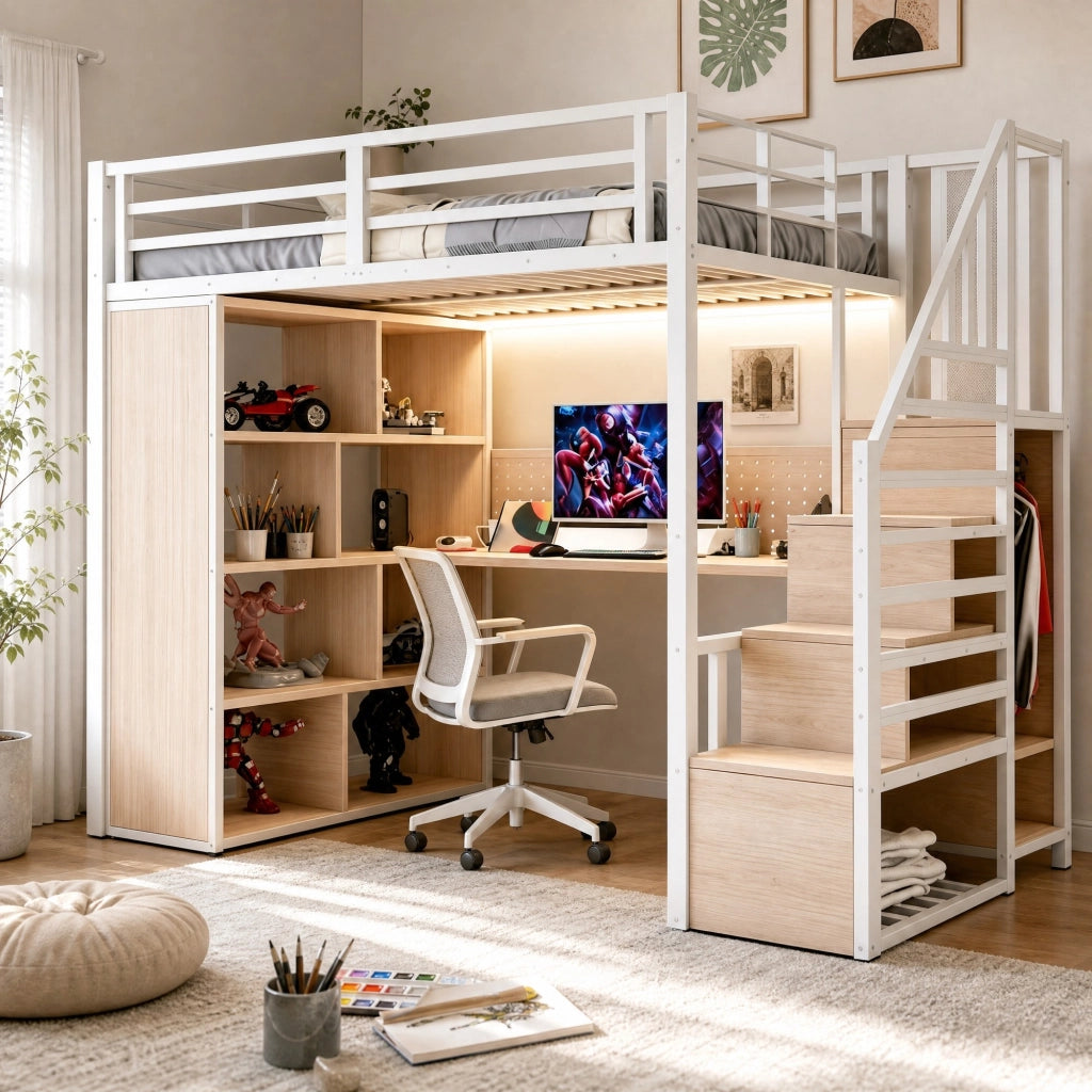 Letto a soppalco 90 × 200 cm con scrivania armadio scala contenitore pannello forato LED metallo bianco