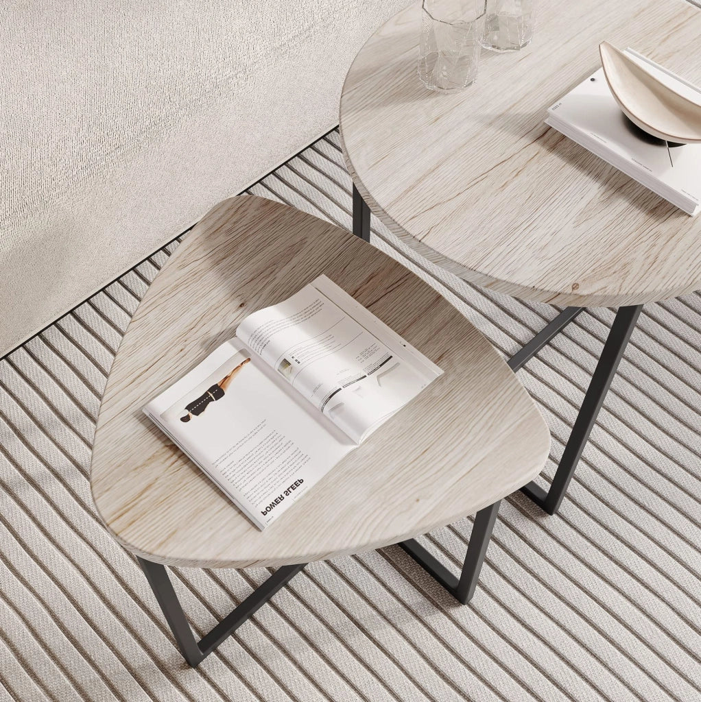 Set di 2 tavolini da salotto a cuore in truciolare e acciaio inox rovere bianco