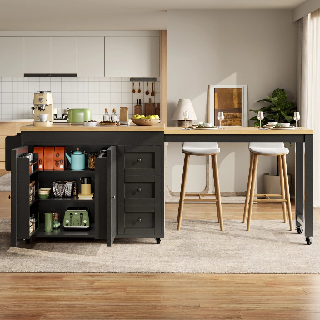 Mobile base da cucina con piano allungabile; 3 cassetti; armadio e ruote in MDF nero 116–179.5 × 45 × 89 cm