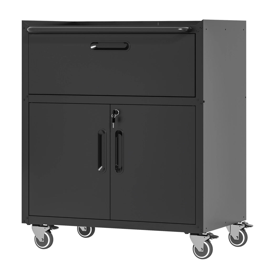 Armadio Porta Utensili in Acciaio con Ruote, 1 Cassetto e 2 Ante Serrabili, 88x75x42 cm, Nero-Grigio