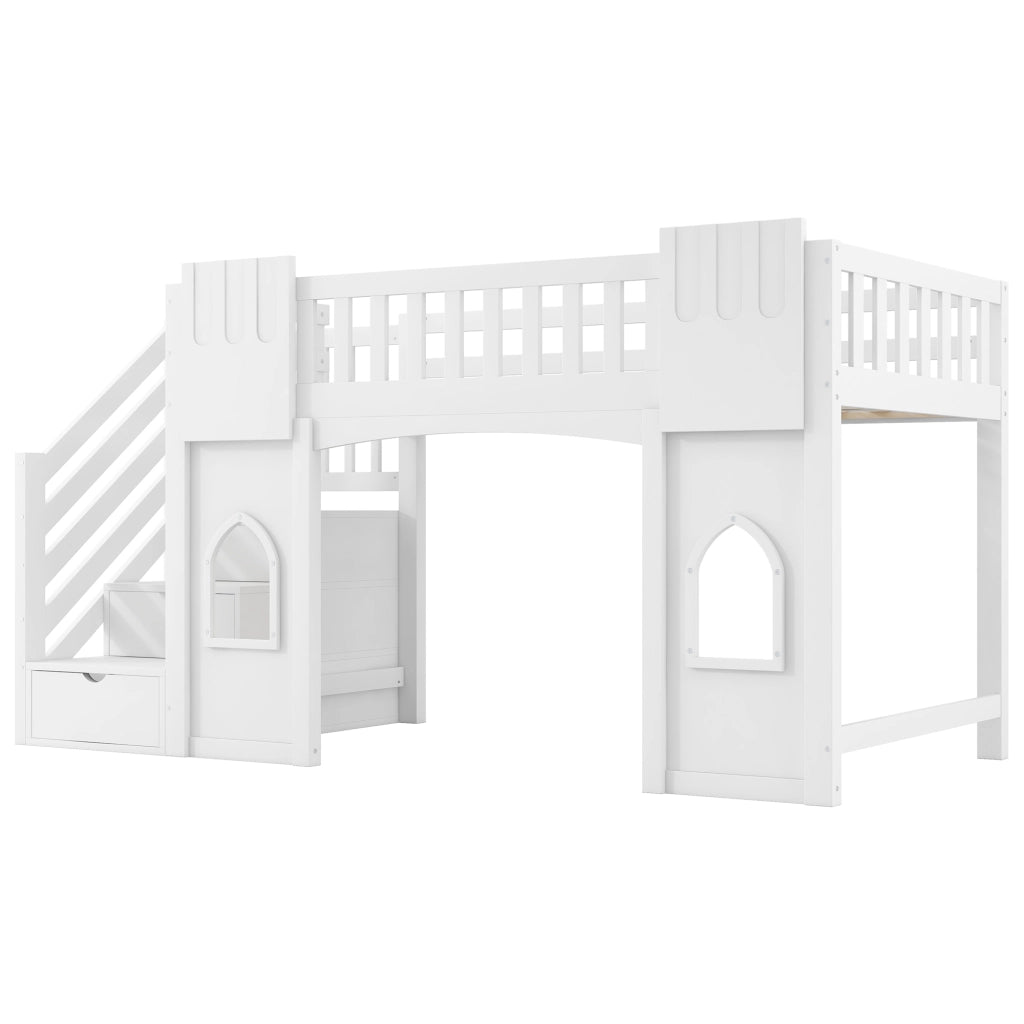 Letto a soppalco 90 x 200 cm con scala contenitore e 2 finestre, letto per bambini in legno bianco con sponde di sicurezza, area gioco e rete a doghe