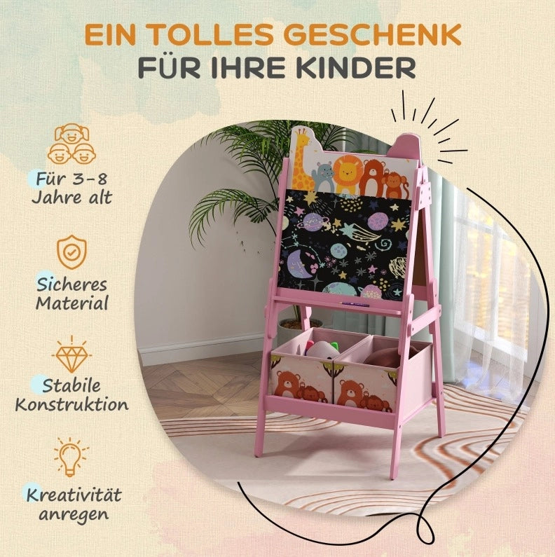 Cavalletto per bambini ULEVR 49x53,5x113 cm con lavagna e lavagna bianca, 2 contenitori, rosa