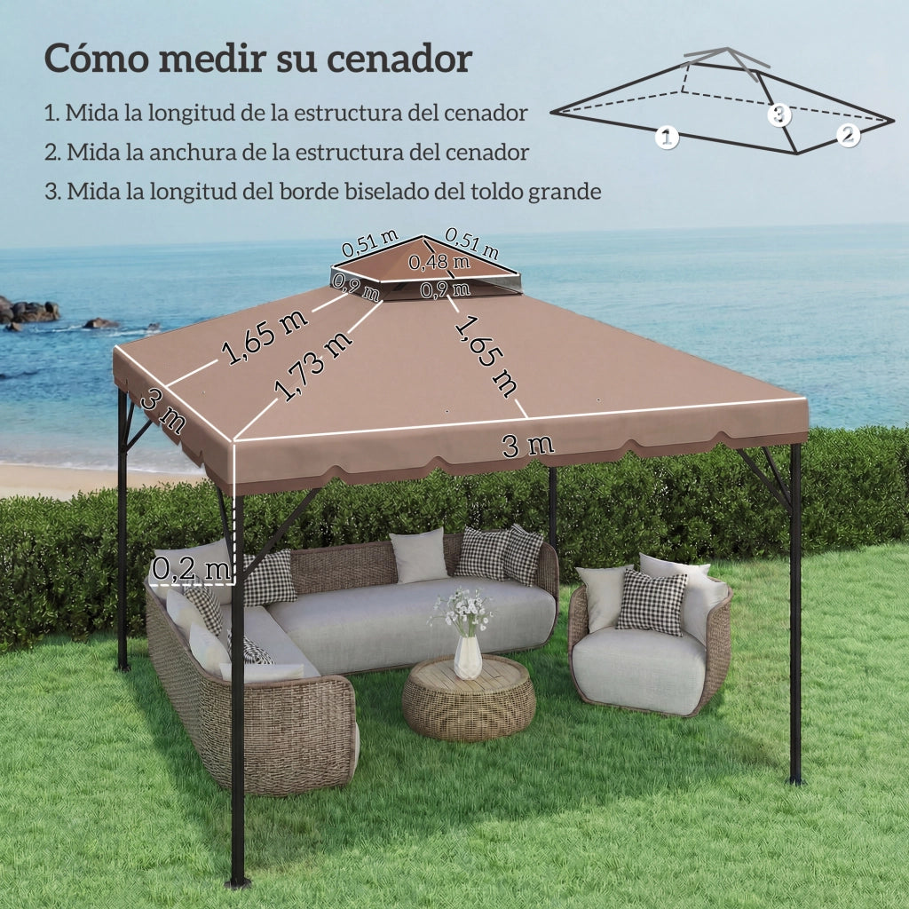 Telo di Ricambio per Gazebo 3x3m ¨C Xylo ¨C Doppio Tetto con Fori Drenaggio UPF 30+ Beige