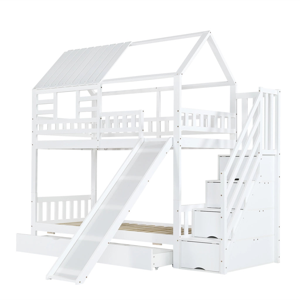 Letto a castello 2 posti 90 × 200 cm con scala contenitore, scivolo e cassetti, senza materasso, bianco
