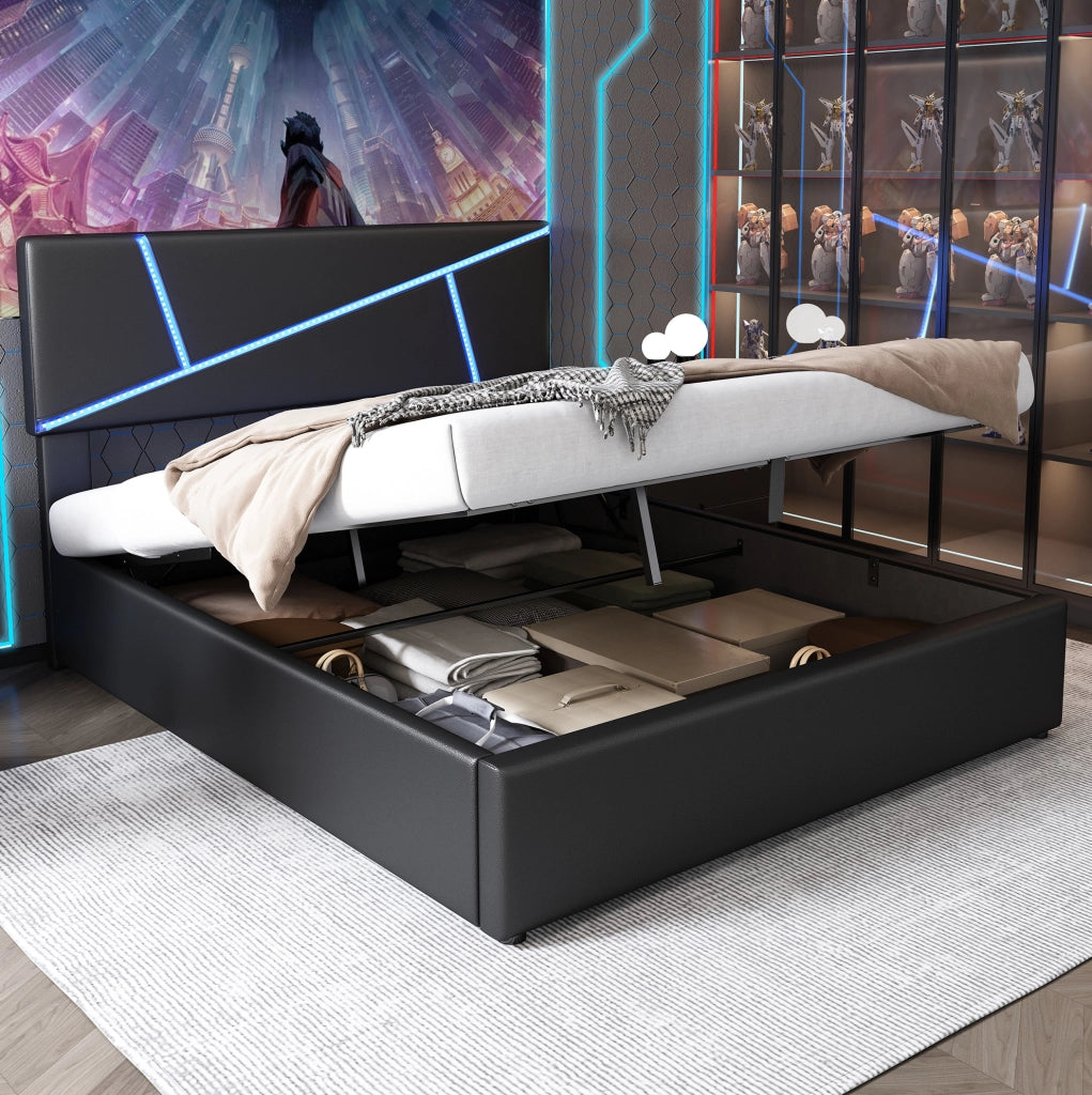 Letto imbottito con LED; contenitore idraulico; PU nero