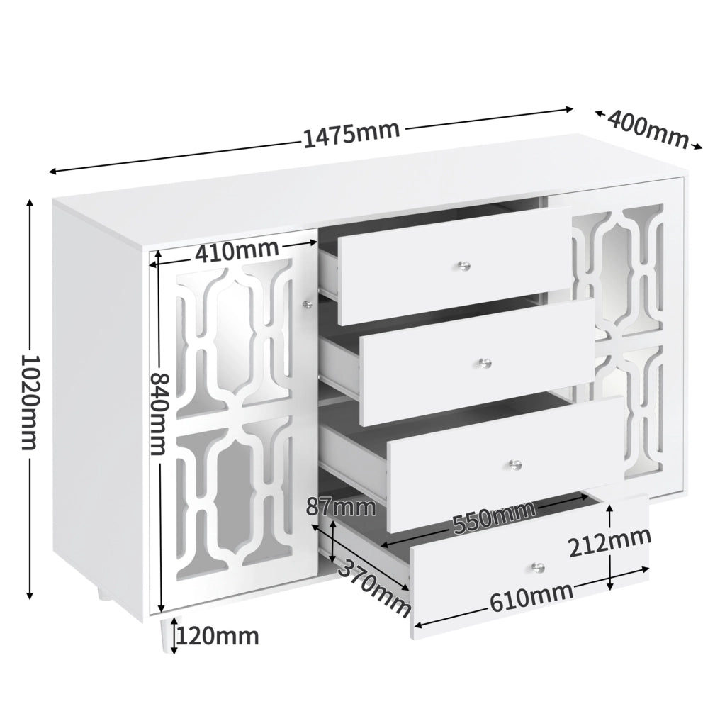 Madia bianca con ante a specchio; 4 cassetti; 147;5 x 40 x 102 cm; in MDF