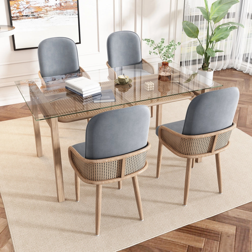 Set di 2 sedie da pranzo in velluto grigio con design Rattan e gambe in metallo effetto legno