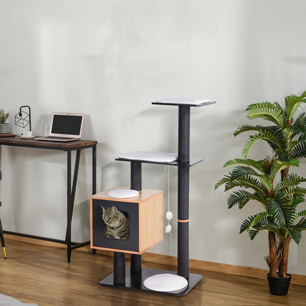 Albero tiragraffi per gatti centro attività in MDF e sisal con cuccia e piattaforme design moderno 71,5x49,5x120 cm nero e faggio