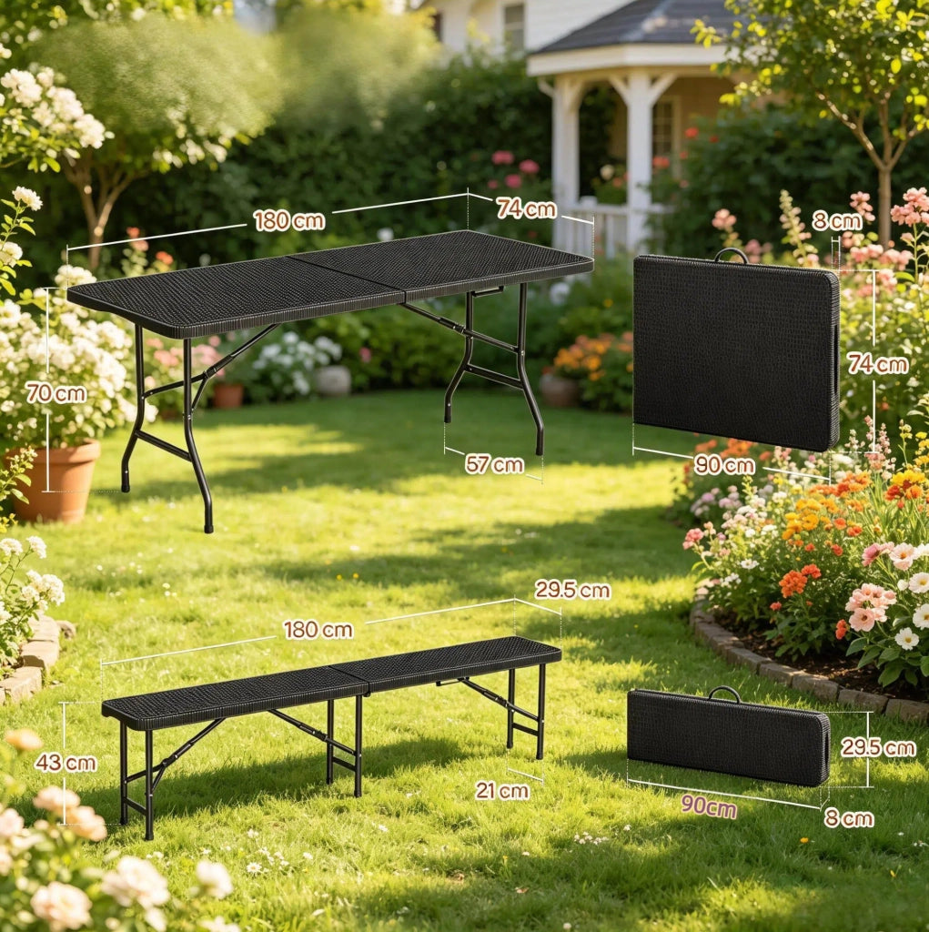 Set Mobili da Giardino Pieghevole 8-10 Persone con Tavolo 180x74x70 cm e 2 Panche, Nero, in HDPE e Metallo