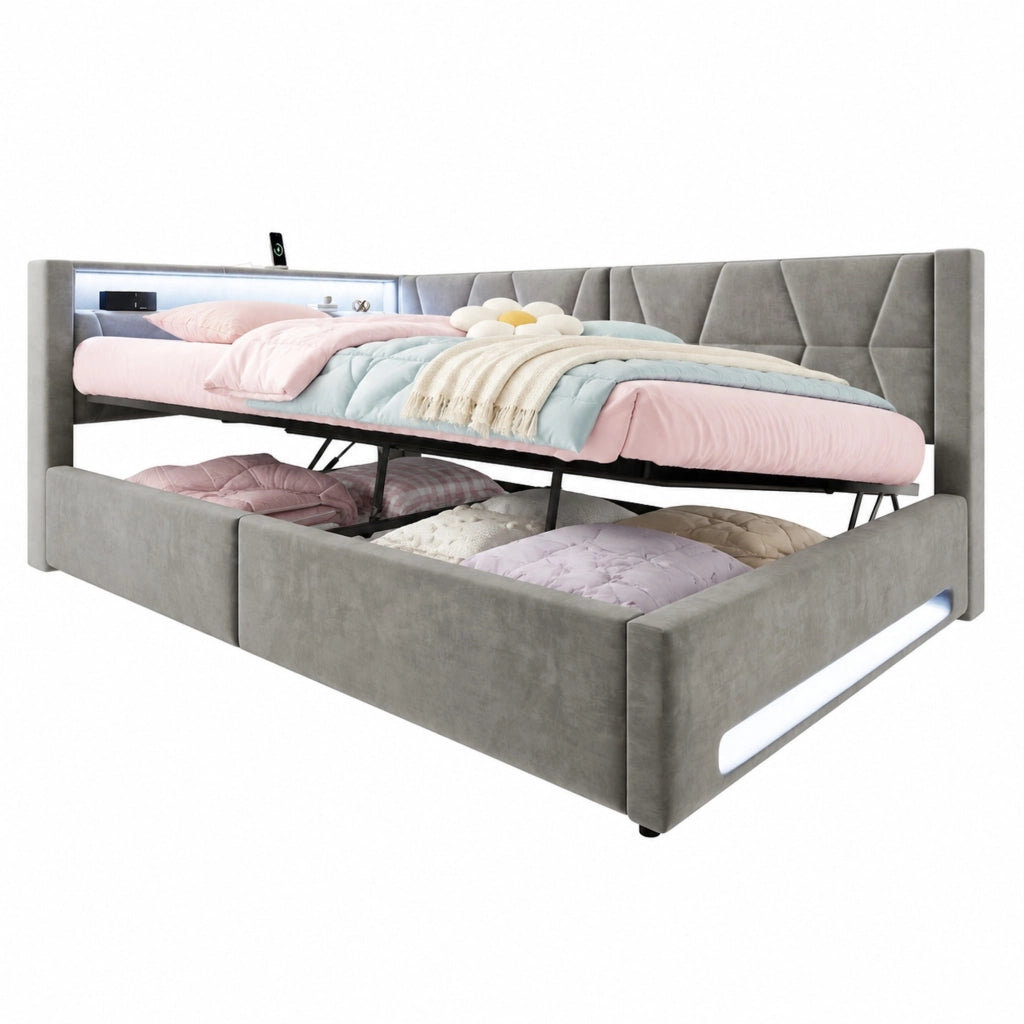 Letto imbottito 140 x 200 cm con contenitore, luci e ricarica integrata in velluto grigio scuro