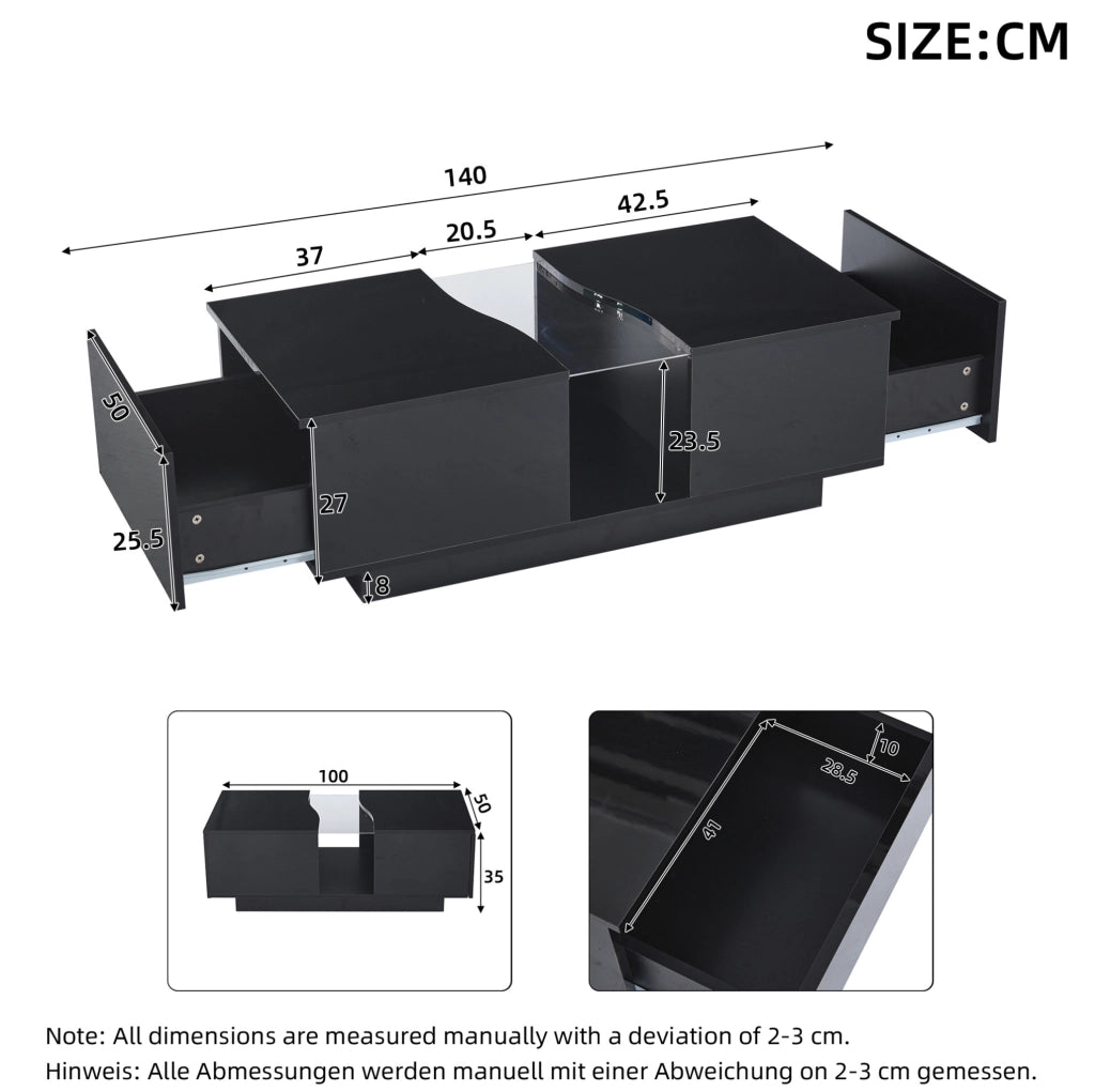 Tavolino da caffè LED 100x50x35 cm con 2 cassetti in MDF e acrilico; nero lucido