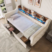 Letto imbottito beige 90 x 190 cm con LED, ripiani e 2 cassetti
