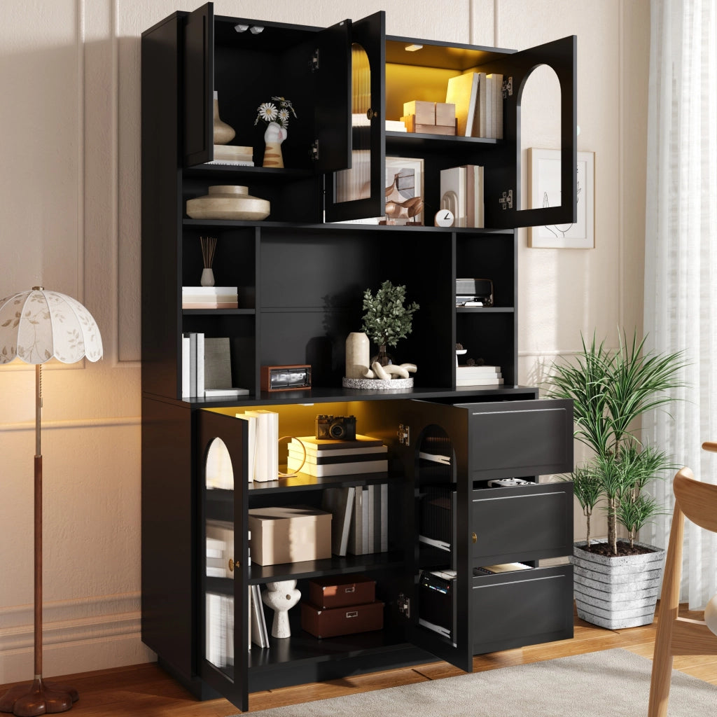 Credenza alta da cucina LED con 4 ante, 3 cassetti e ripiani regolabili, in MDF nero, 106 × 30 × 175 cm