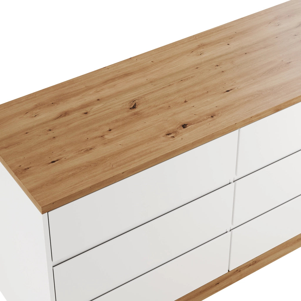 Scrivania girevole ULEVR 120x50 cm con 6 cassetti, ruote bloccabili e piano rotante, rovere e bianco