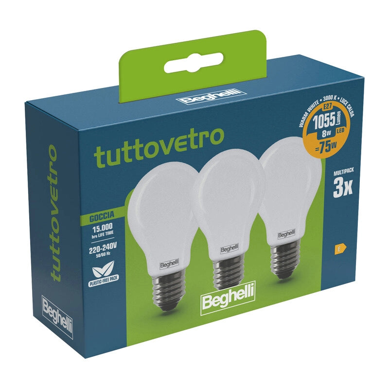 BEGHELLI LED GOCCIA E27  8W 58050 CALDA 3000K 3 PZ- 10,0 confezione