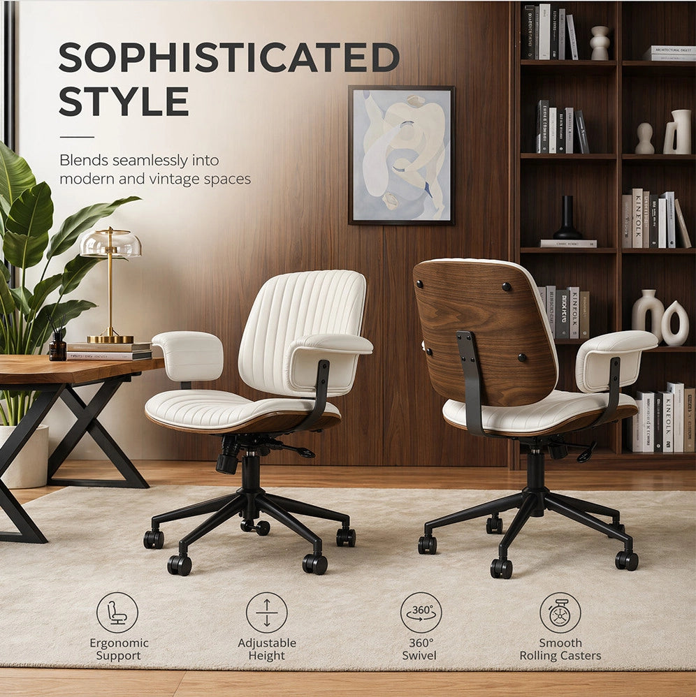 Sedia da ufficio girevole 360° con ruote e braccioli imbottiti; beige