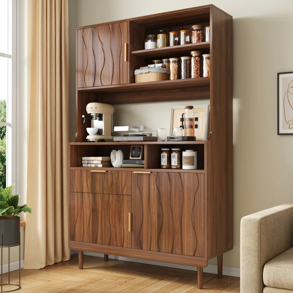 Sideboard alto con 1 cassetto, ante e ripiani aperti. Mobile contenitore in MDF e truciolato con piedi in legno massello