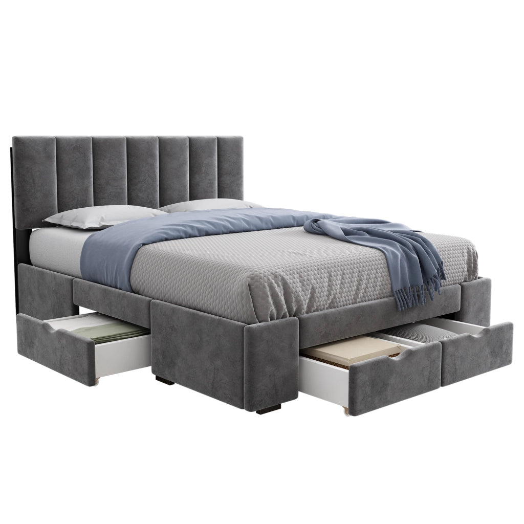 Letto imbottito grigio 140x200 cm in velluto con rete e 4 cassetti