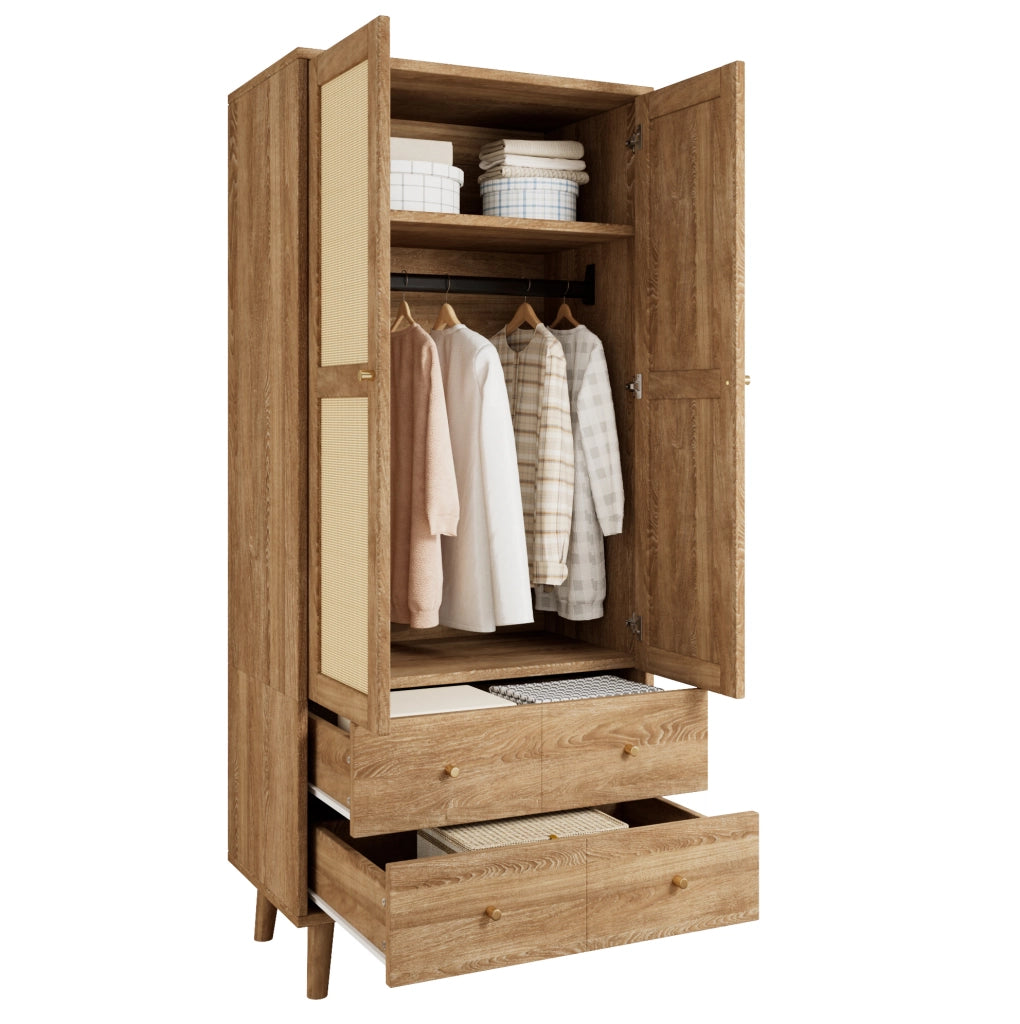 Armadio guardaroba in MDF con effetto legno scuro e ante in rattan, 80x50x180 cm, con appendiabiti, ripiani e 2 cassetti