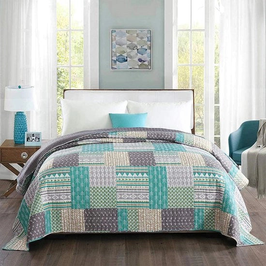 Bedsprei a una persona a quadri colorati - 150x200cm - Polyester di alta qualità - Patchwork verde e grigio