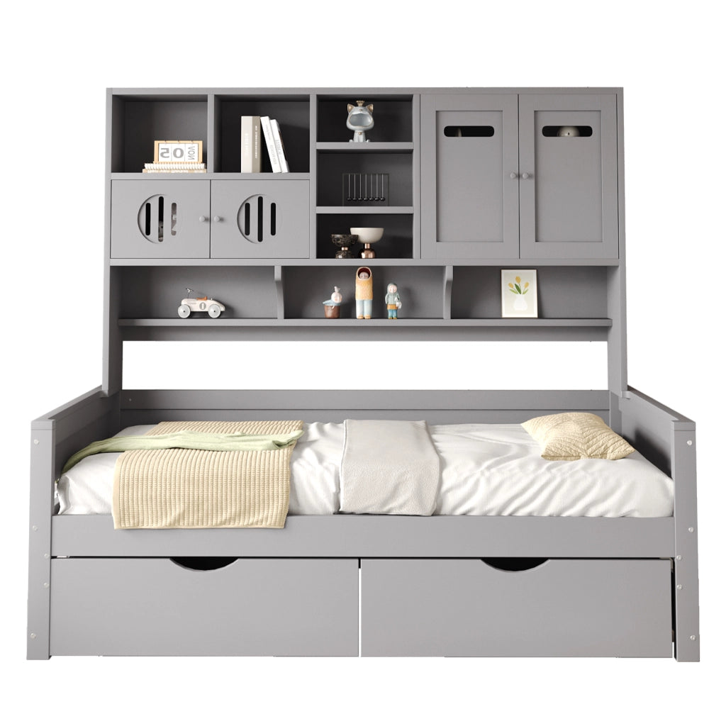 Letto con cassetti 90 × 200 cm con vano multifunzione e rete a 15 doghe in legno di pino grigio