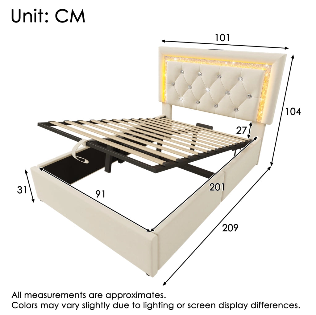 Letto 90x200 cm in velluto beige con LED, USB, Type-C e contenitore idraulico