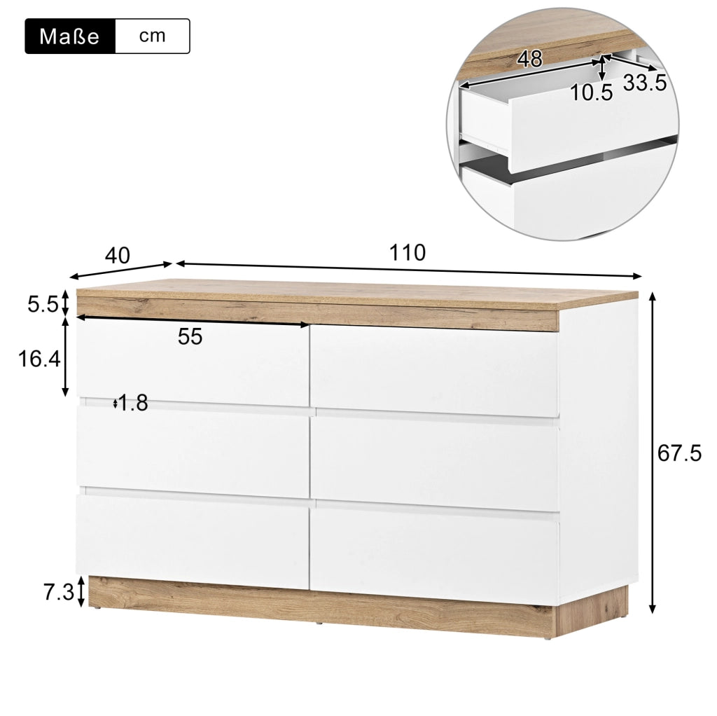 Cassettiera a 6 cassetti in pannello truciolare E1, finitura bianco e rovere