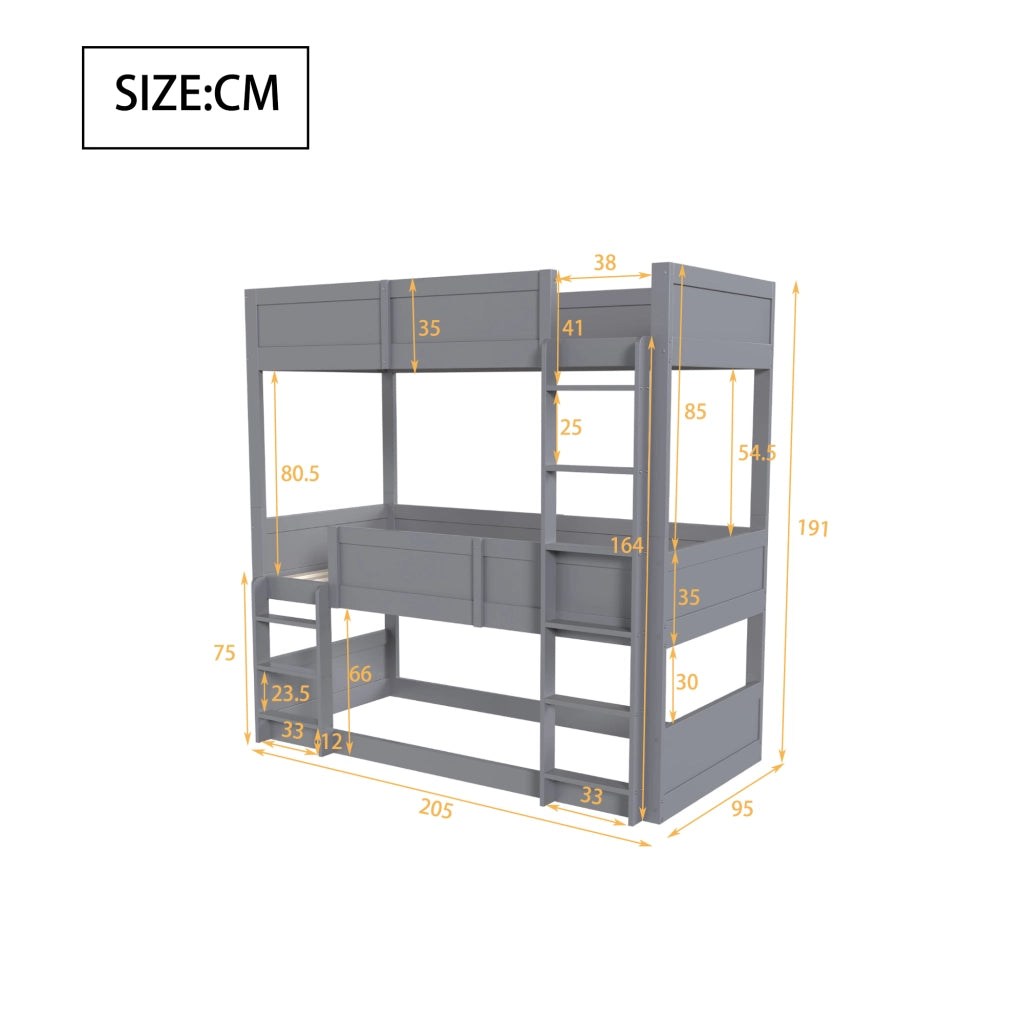 Letto a castello triplo per bambini 90 × 200 cm in legno grigio modulare con sponde alte e tre posti letto