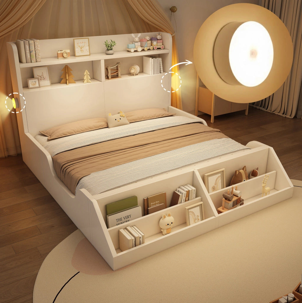 Letto in legno bianco 140x200 cm con contenitori, luci notturne e scaffale libreria removibile