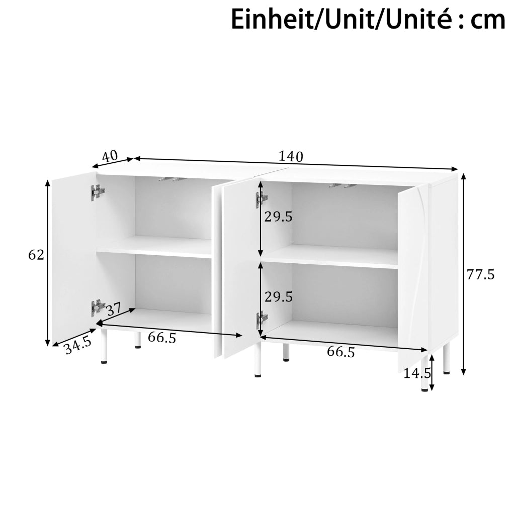 Credenza 140x40x77,5 cm con 4 ante push-to-open in MDF e truciolare bianca