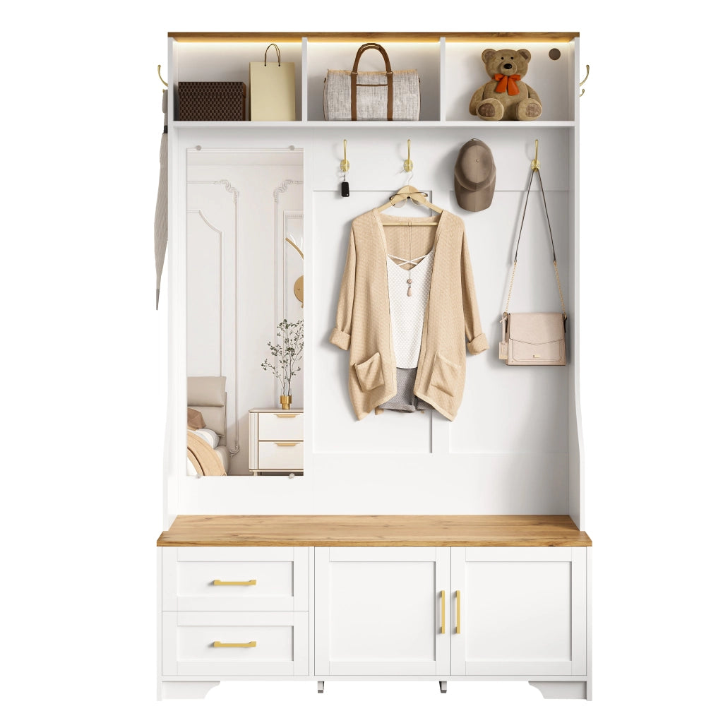 Mobile da Ingresso con 2 Ante; 2 Cassetti; Specchio; Ganci e LED per Corridoio in MDF 120 x 40 x 187 cm