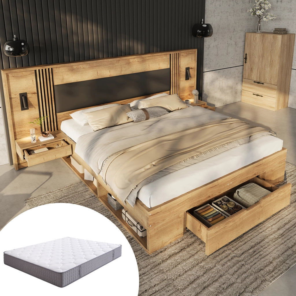 Letto matrimoniale con contenitore in MDF naturale con materasso lampade e comodini integrati