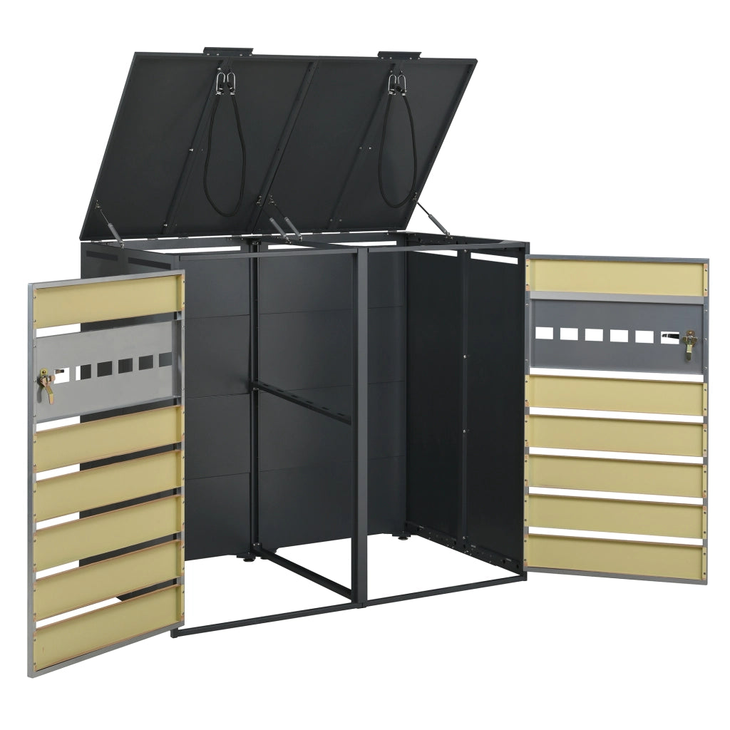 Box portabidoni a 2 scomparti con coperchi idraulici in acciaio zincato grigio effetto legno 132 × 80 × 118.5 cm