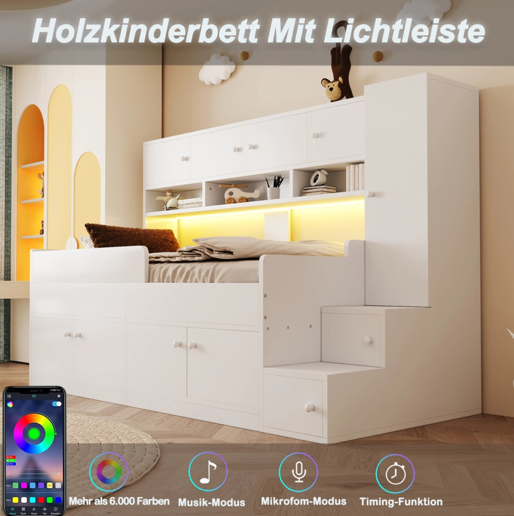 Letto per bambini 90x200 cm in legno; con contenitori; scaffali e LED; bianco