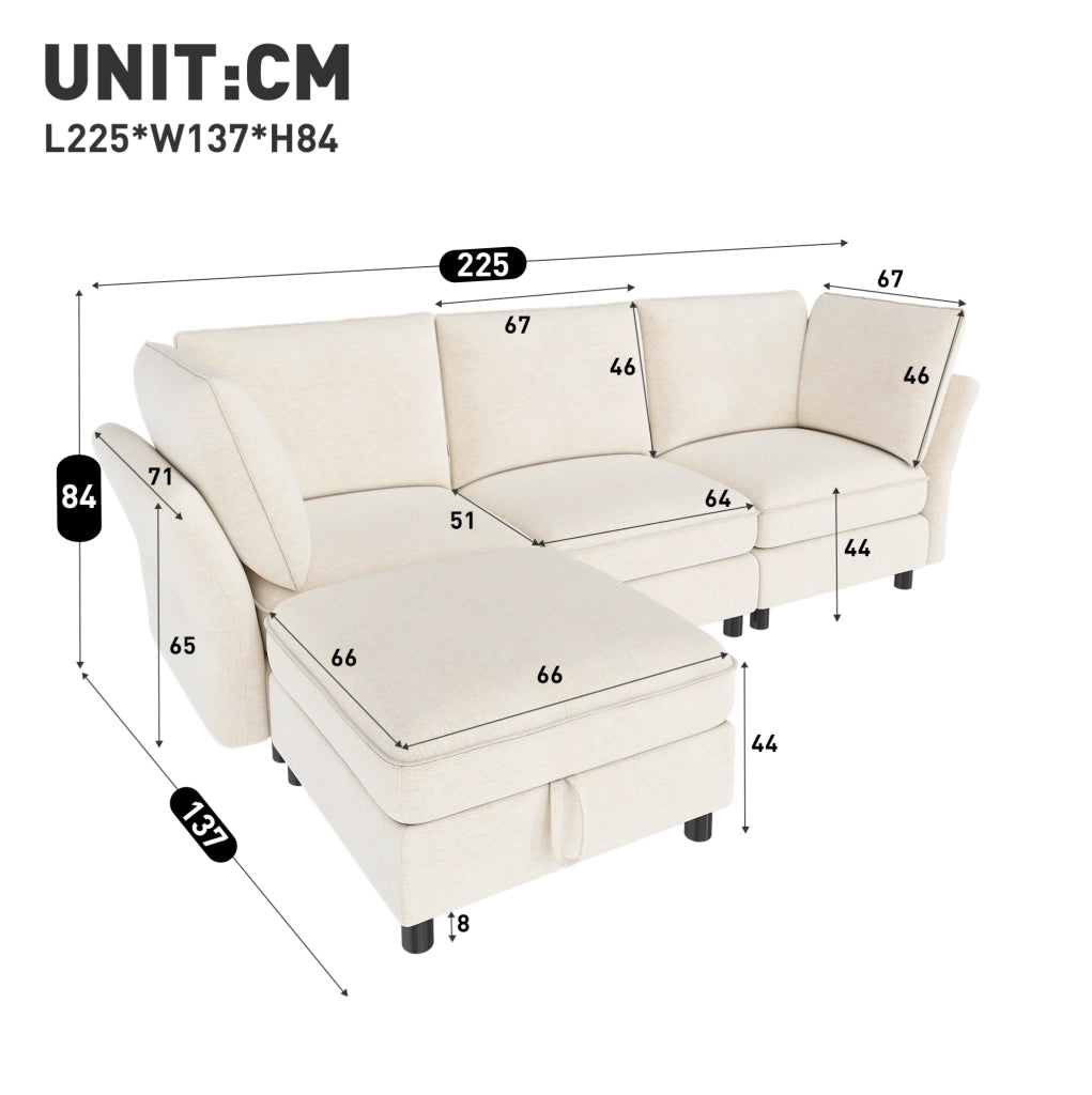 Divano angolare modulare 4 posti con pouf contenitore in ciniglia beige HOMVRA