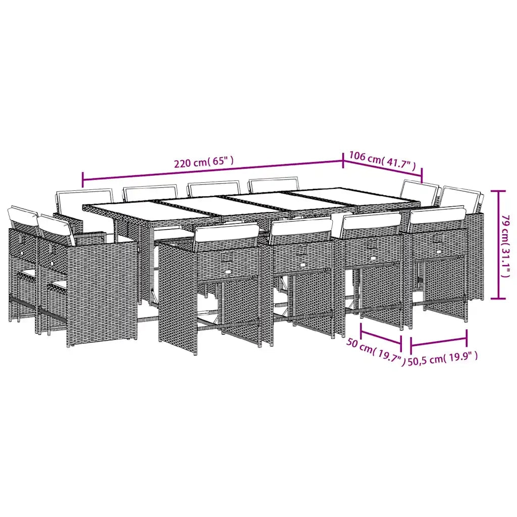 Set da Pranzo da Giardino 13pz con Cuscini Nero in Polyrattan 3211219