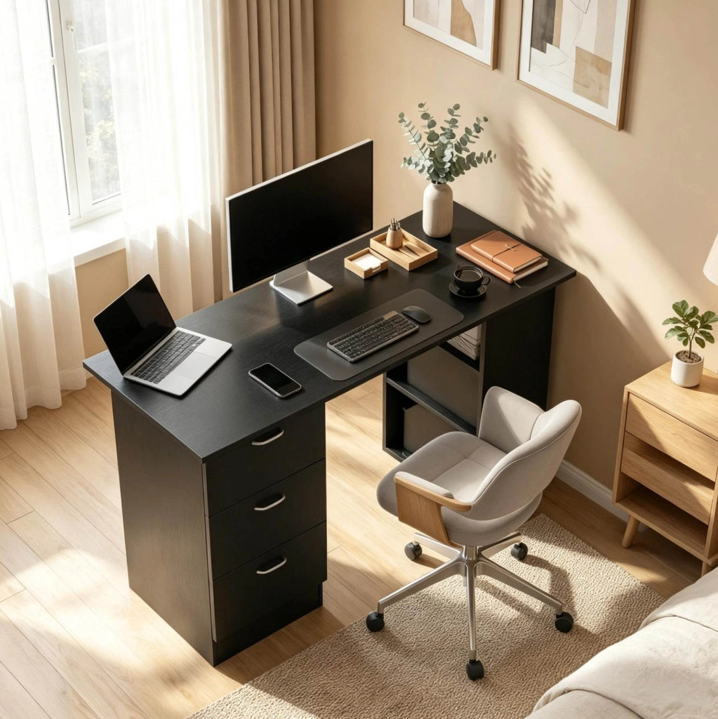 Scrivania per computer in MDF nera 120x49x72 cm con 3 ripiani e 3 cassetti, design modulare