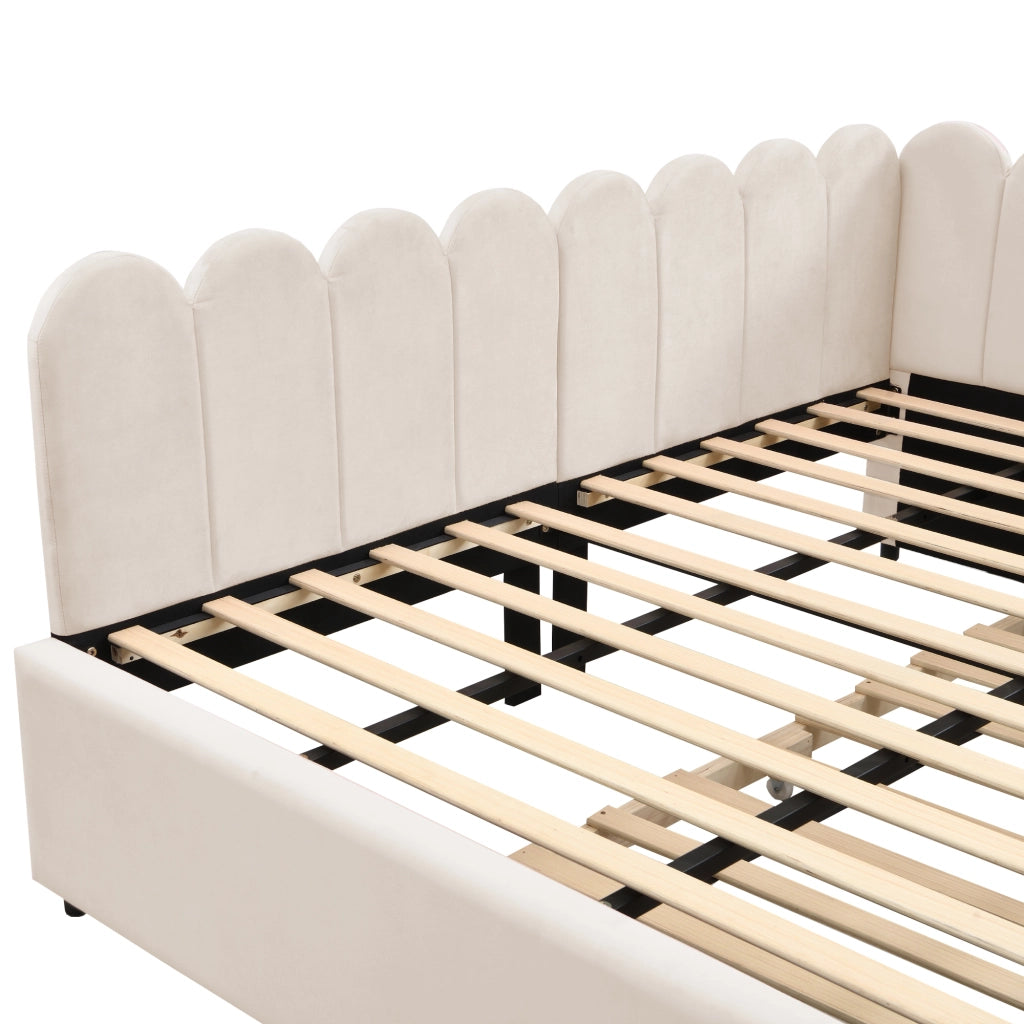 Divano letto 140 × 200 cm con letto estraibile a rotelle schienale a petalo in velluto beige