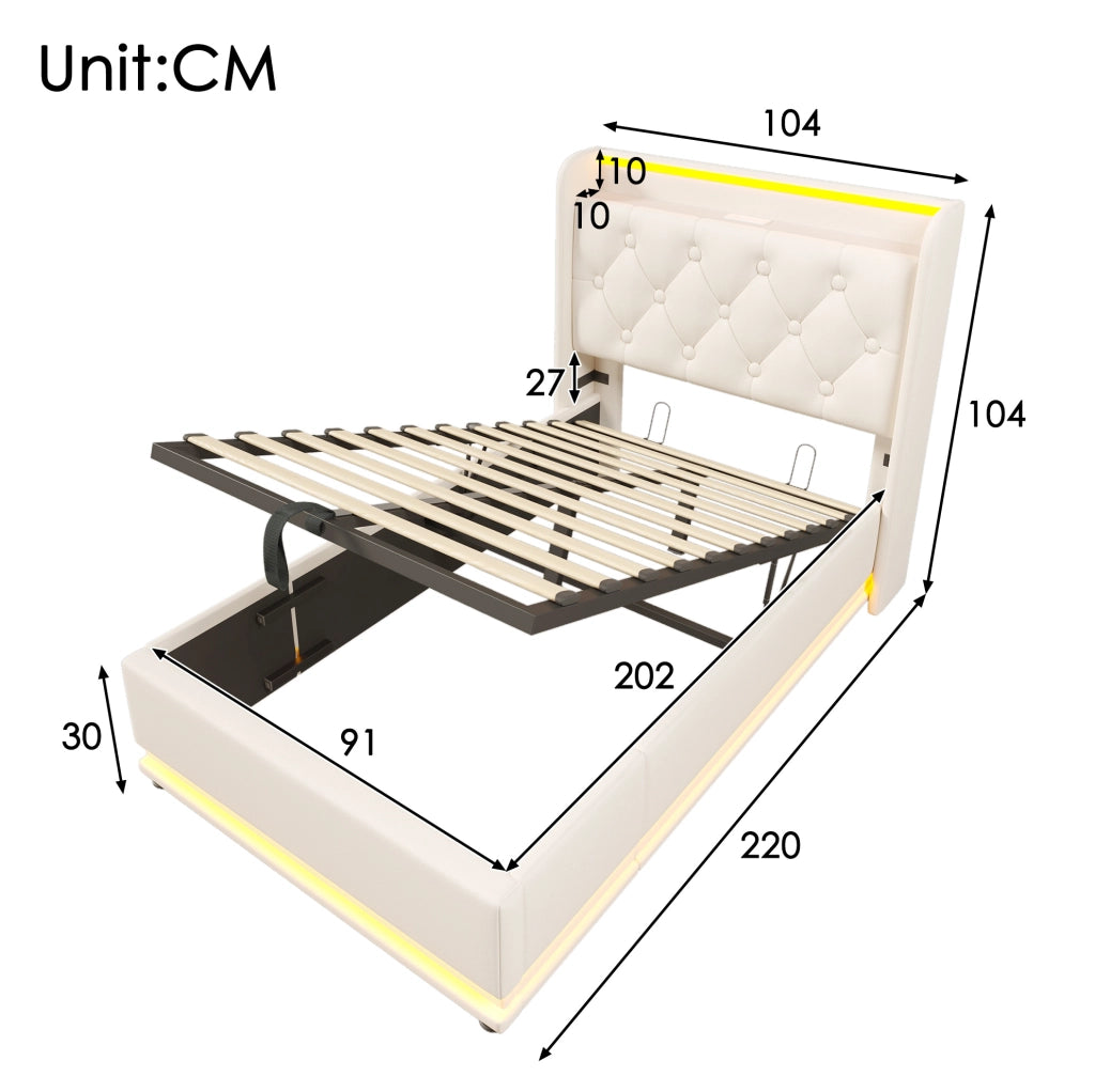Letto singolo 90x200 cm bianco in PU con LED, contenitore e materasso
