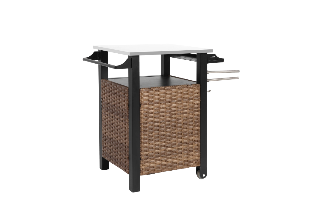 Carrello da cucina con ruote, anta, cassetto e ripiani, portabicchieri, per esterno, in acciaio e rattan, marrone