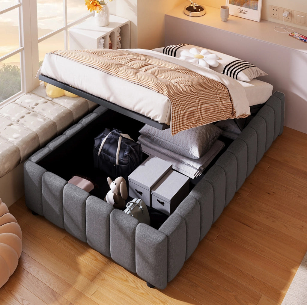 Letto imbottito 90 × 200 cm con contenitore idraulico; senza testiera né materasso; grigio