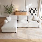 Divano angolare modulare beige in chenille con letto largo 90 cm e struttura in legno e metallo, 256×137×79 cm