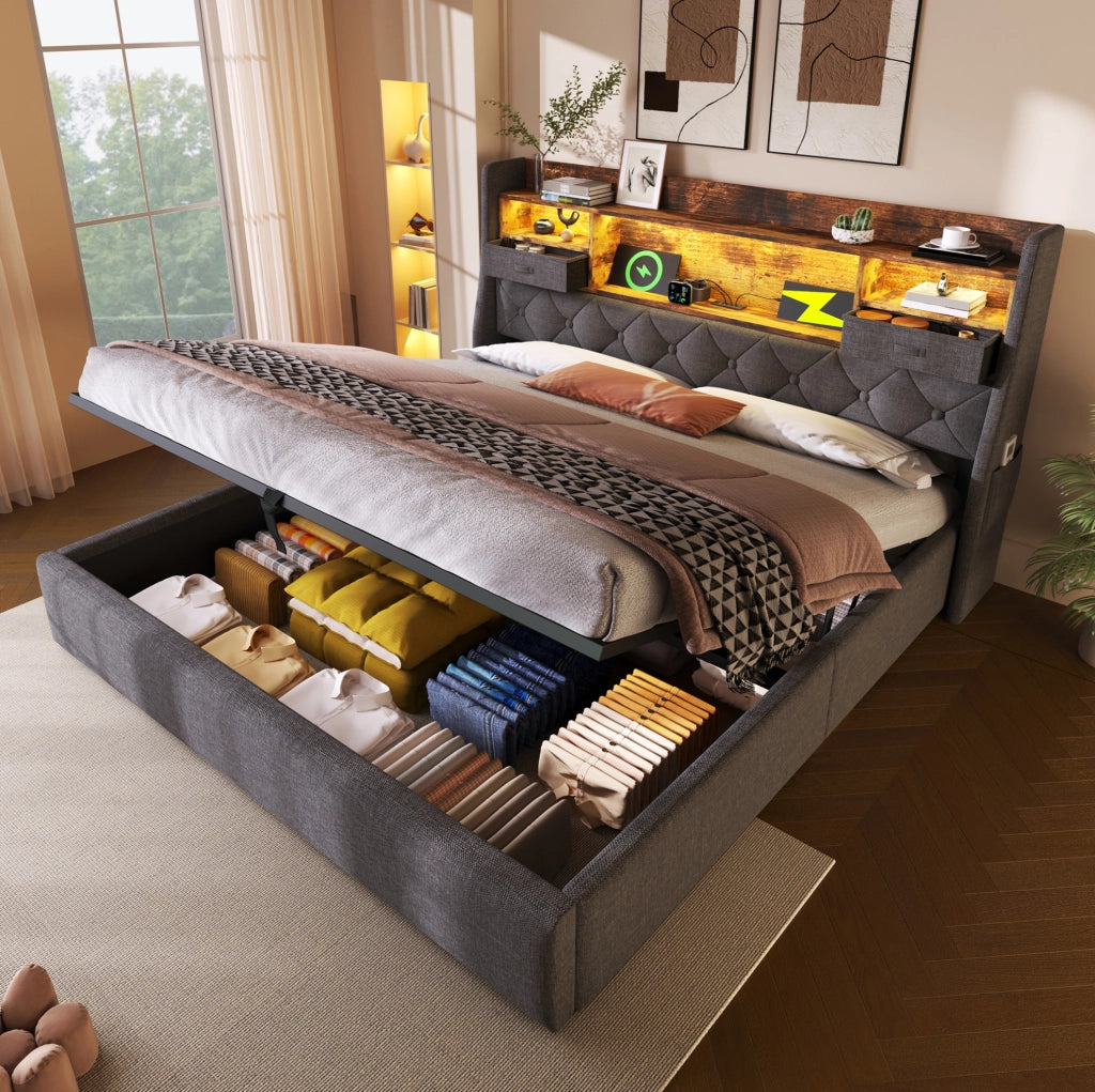 Letto matrimoniale 140x200 cm in lino grigio con contenitore LED e materasso