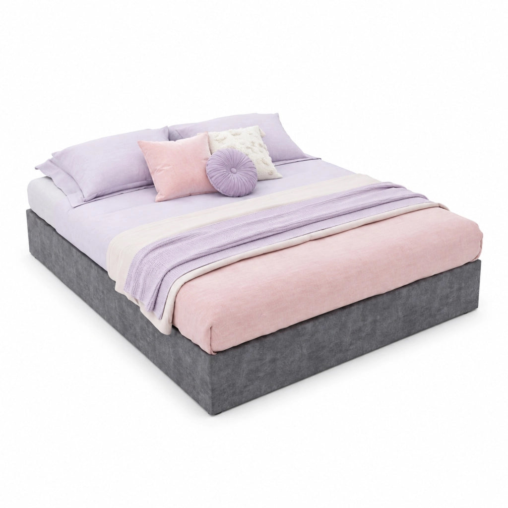Letto imbottito 140 × 200 cm con testiera geometrica rivestito in tessuto grigio