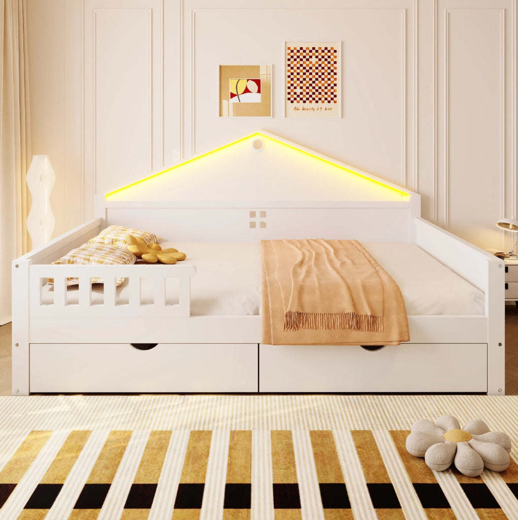 Letto 140x200 cm con LED e 2 cassetti in legno di pino, compensato e MDF bianco