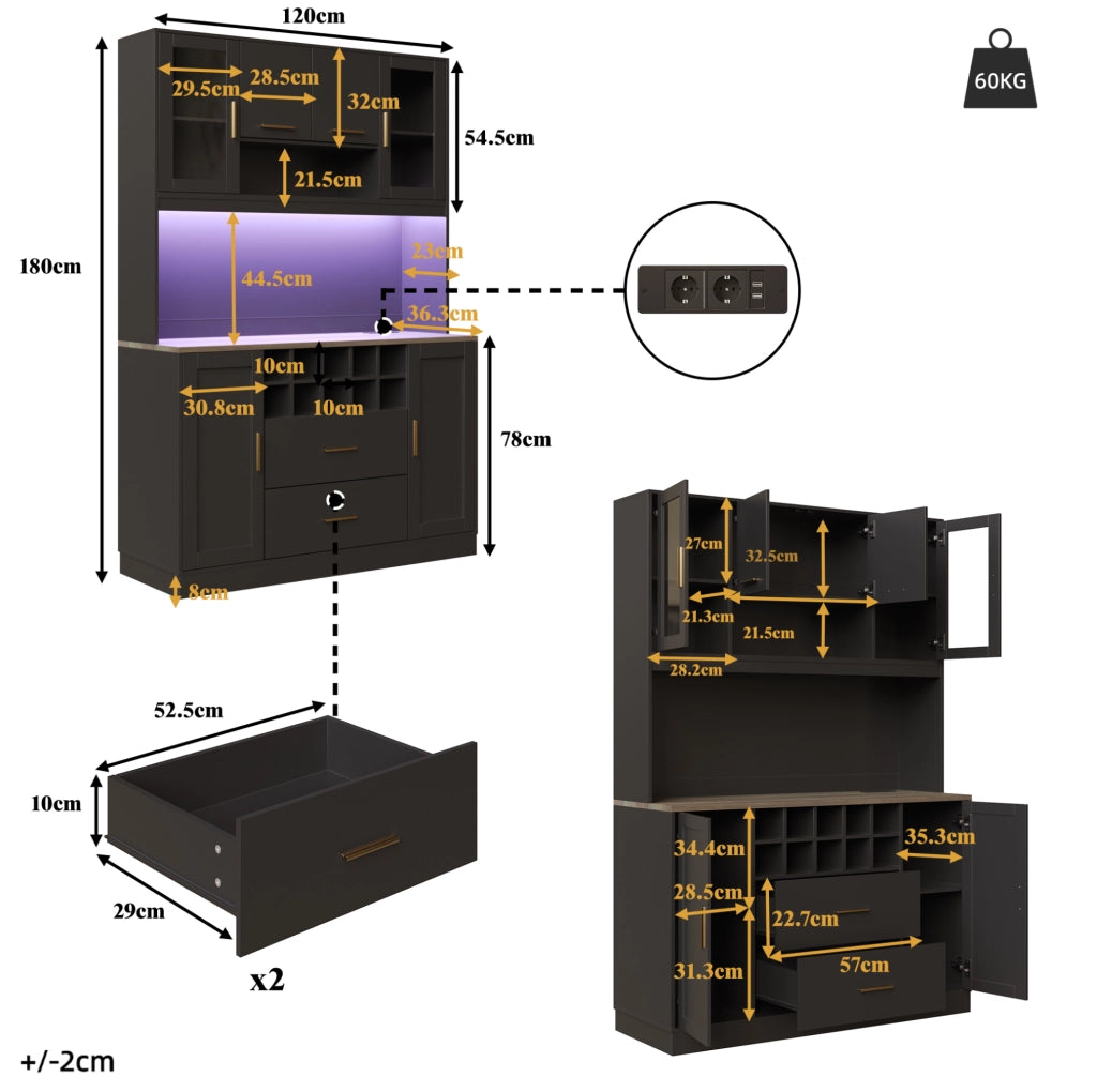 Credenza nera 120x36,3x180 cm con LED, prese USB e sei ante