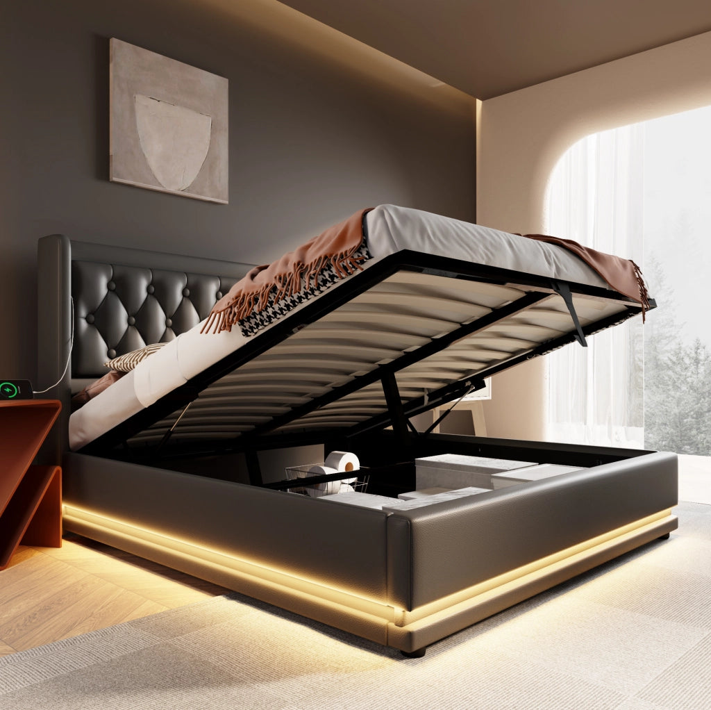 Letto contenitore 180x200 cm in PU nero, USB Type-C, LED 3 lati, senza materasso
