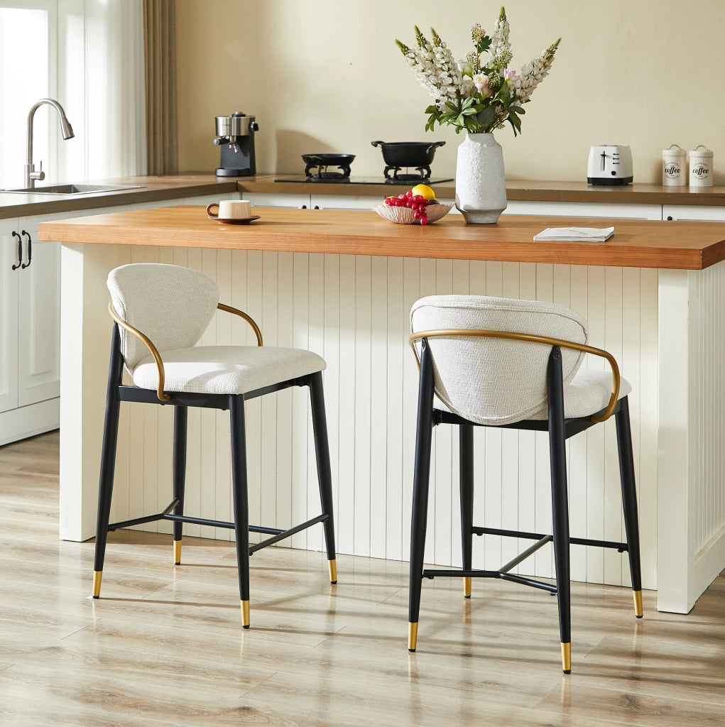 Set di 2 sgabelli da bar in ciniglia beige con schienale e poggiapiedi nero-oro HOMVRA