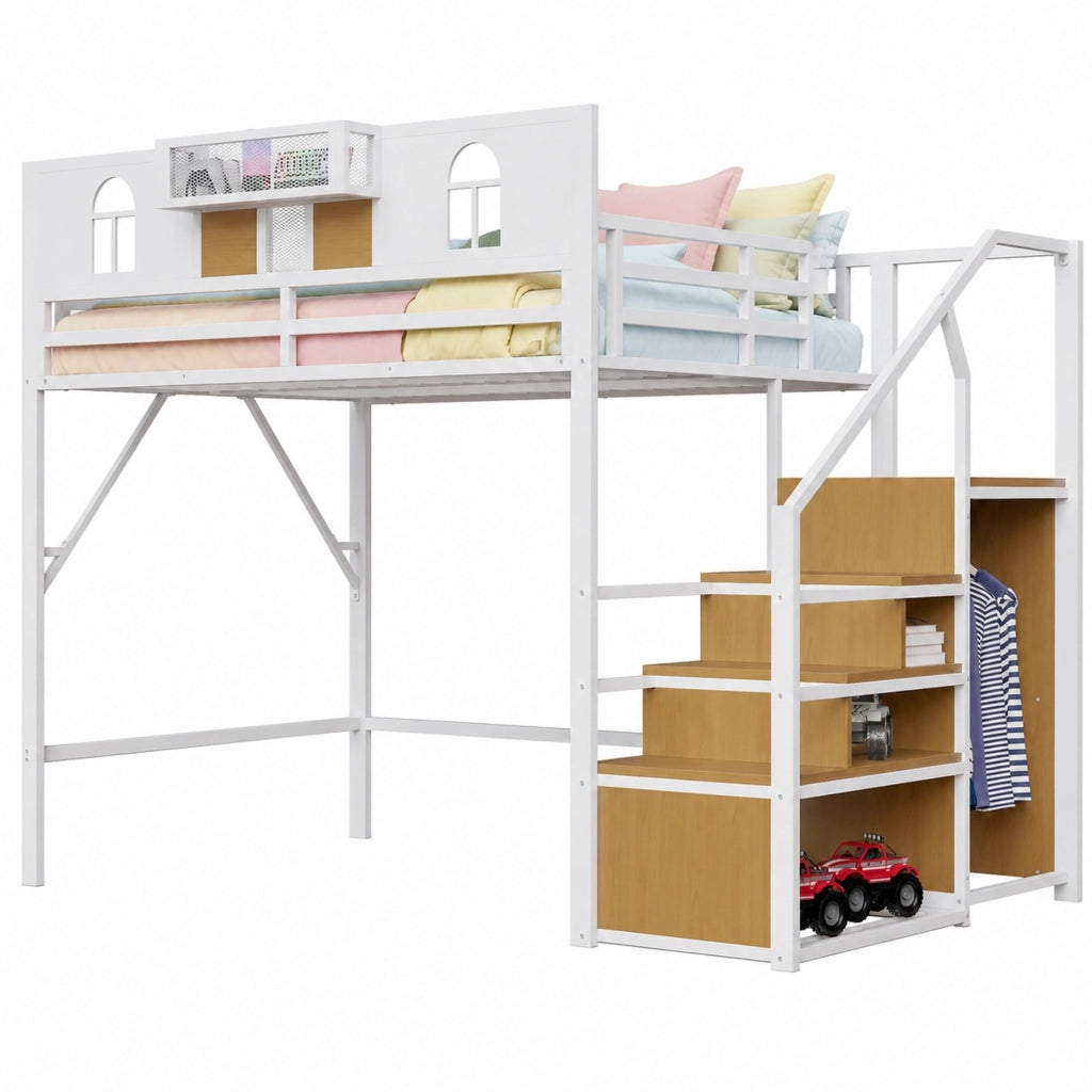 Letto a soppalco 140x200 cm in metallo bianco con scala contenitore; ripiano integrato e spazio sottostante